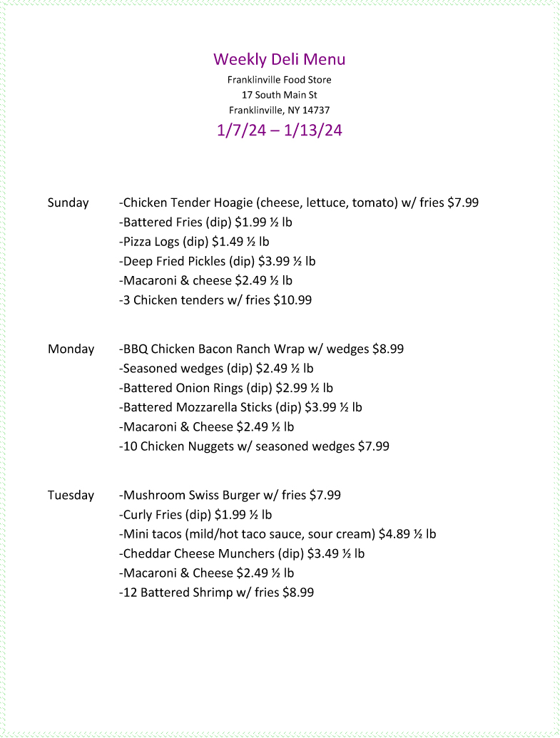 Deli Menu | Franklinville Food Market